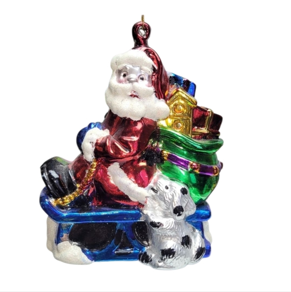 Large Santa On A Blue Sled With Bag Of Toys & A Dog